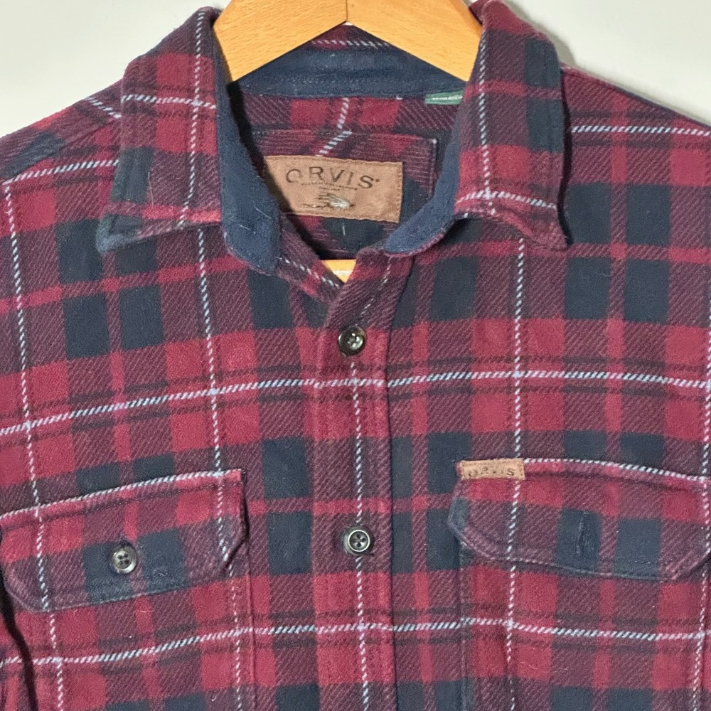 Orvis Mens Flannel Shirt Medium Maroon Navy Blue Plaid Cotton Button Down